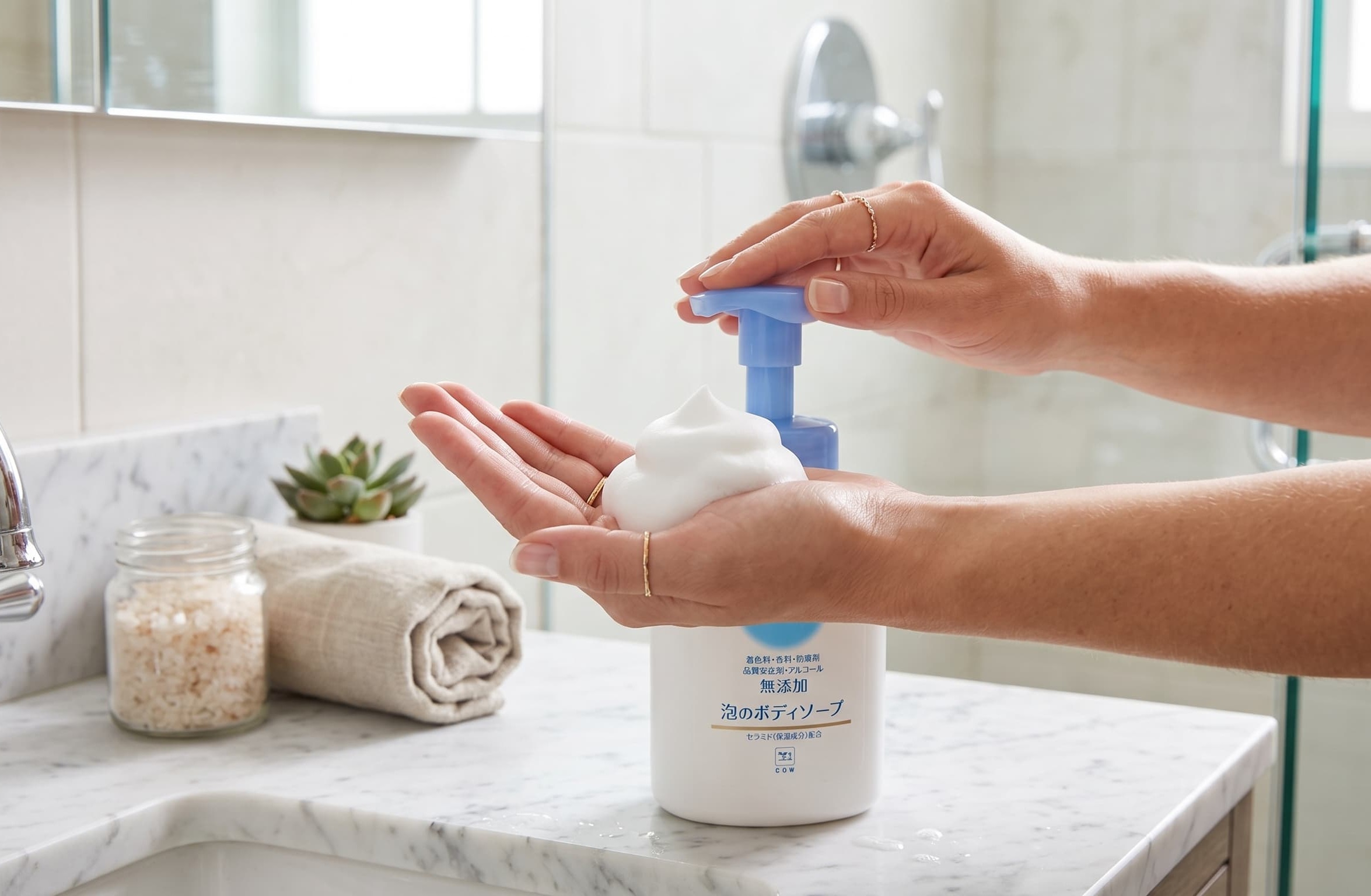 全身をセラミド泡で包む贅沢。カウブランド泡ボディソープ「無添加×アミノ酸」の入浴習慣